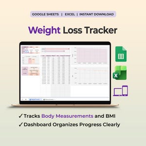 May include: A digital weight loss tracker spreadsheet displayed on a laptop screen. The interface includes tables for dates, weights, and BMI calculations, alongside progress charts. Icons for Google Sheets and Excel are visible on the right.