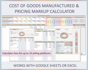 May include: A spreadsheet with a cost of goods manufactured and pricing markup calculator. The spreadsheet includes a pie chart showing the breakdown of costs for a summer bag. The spreadsheet is designed to work with Google Sheets or Excel. The spreadsheet includes a section for fees and net profit calculator.