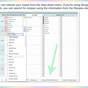 May include: A weekly meal planner spreadsheet with a drop-down menu for selecting meals. The spreadsheet includes a grocery list with checkboxes for items like apples, bread, broccoli, cookies, kiwi, tomato, and eggs. The spreadsheet is titled "Weekly Meal Planner with Start Date" and the date is 5/1/2023.