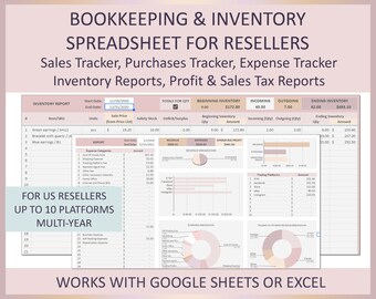 May include: A spreadsheet template for reselling businesses. The spreadsheet includes sections for inventory reports, sales tracking, purchase tracking, expense tracking, and profit and sales tax reports. The spreadsheet is designed for use with Google Sheets or Excel. The spreadsheet is pink and white with a light pink background.