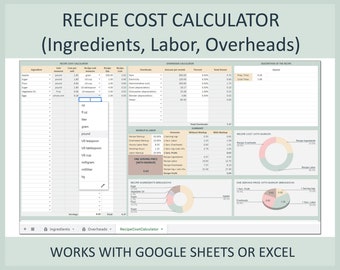 Recipe costing template, Recipe cost calculator, Cake pricing calculator, Baking Ingredient cost calculator, Formula, Excel, Google sheets