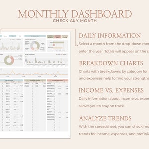 May include: A monthly dashboard template with charts and tables to track income, expenses, and profit. The dashboard includes sections for daily information, breakdown charts, income vs. expenses, and analyze trends.