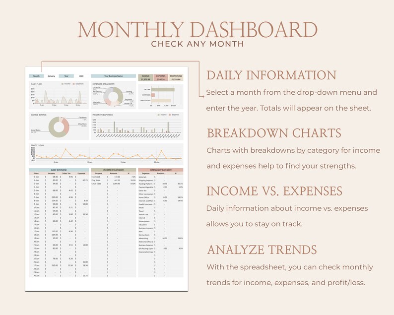 May include: A monthly dashboard template with charts and tables to track income, expenses, and profit. The dashboard includes sections for daily information, breakdown charts, income vs. expenses, and analyze trends.
