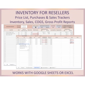 May include: A spreadsheet template for inventory management, sales tracking, and profit reporting for resellers. The spreadsheet includes sections for price list, purchases, sales, COGS, and gross profit reports. The spreadsheet is designed to work with Google Sheets or Excel.
