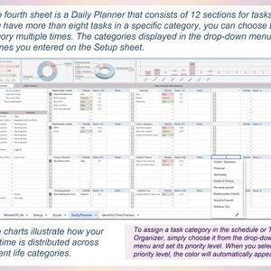 May include: A digital daily planner interface with charts and tables. The interface includes sections for tasks, priorities, and time allocation across different life categories. Text on the screen explains how to assign task categories and set priority levels.