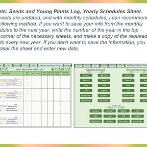 May include: A green and white printable worksheet for tracking seeds and young plants. The worksheet includes sections for information, planting dates, location, sprout success, and harvest time. It also includes monthly schedules for watering, fertilization, and to-do lists.