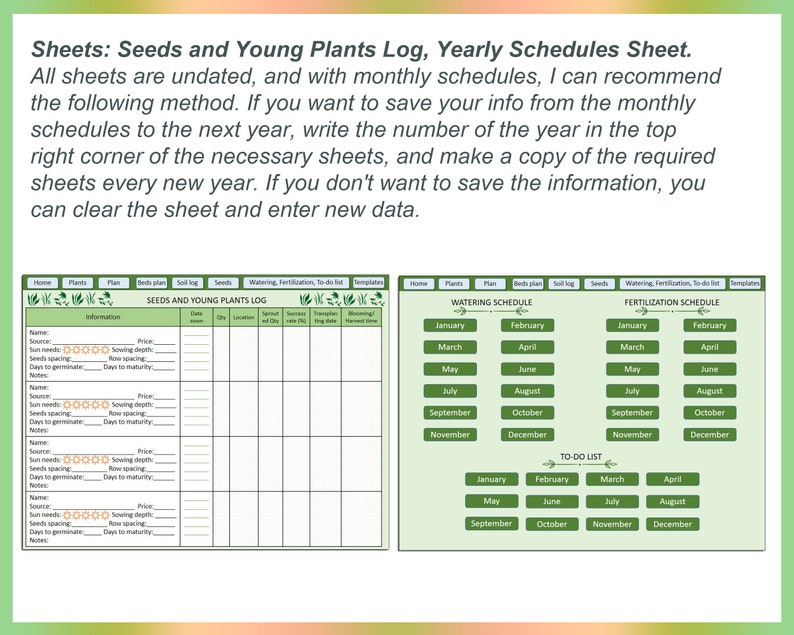 May include: A green and white printable worksheet for tracking seeds and young plants. The worksheet includes sections for information, planting dates, location, sprout success, and harvest time. It also includes monthly schedules for watering, fertilization, and to-do lists.