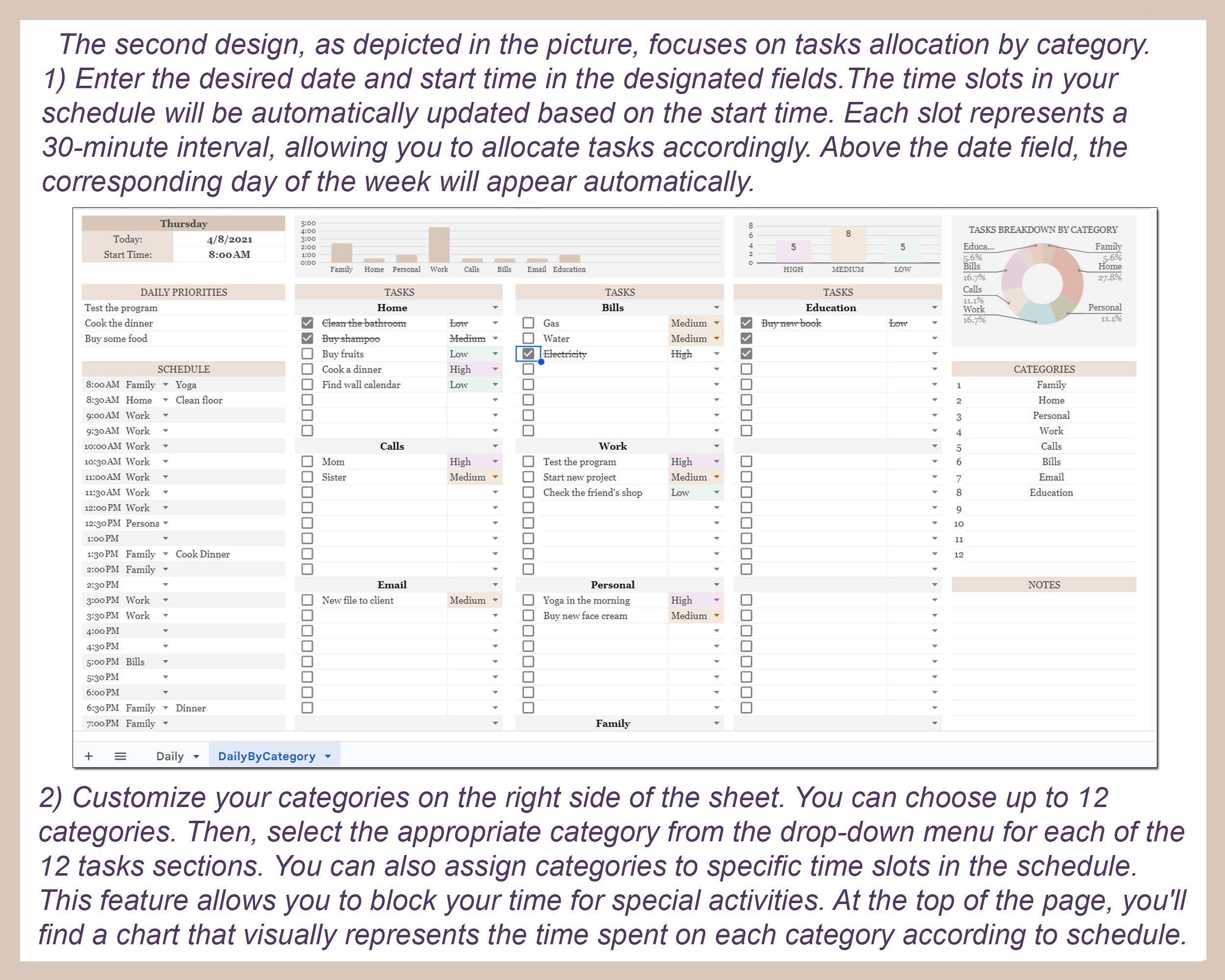Daily Planner Spreadsheet Google Sheets Excel Daily Work Schedule ...