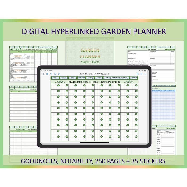 May include: A digital garden planner on a tablet screen. The planner has a green and white color scheme and includes sections for plants, trees, shrubs, herbs, flowers, and evergreens. The text "GardenPlanner" and "GOODNOTES, NOTABILITY, 250 PAGES + 35 STICKERS" is visible on the screen.