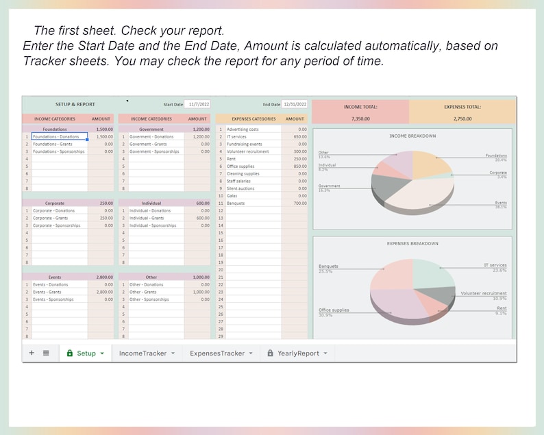 Income and Expense Tracker For Non-Profit Organization, Bookkeeping, Accounting, Spending tracker, Business tracker, Google sheets, Excel image 5
