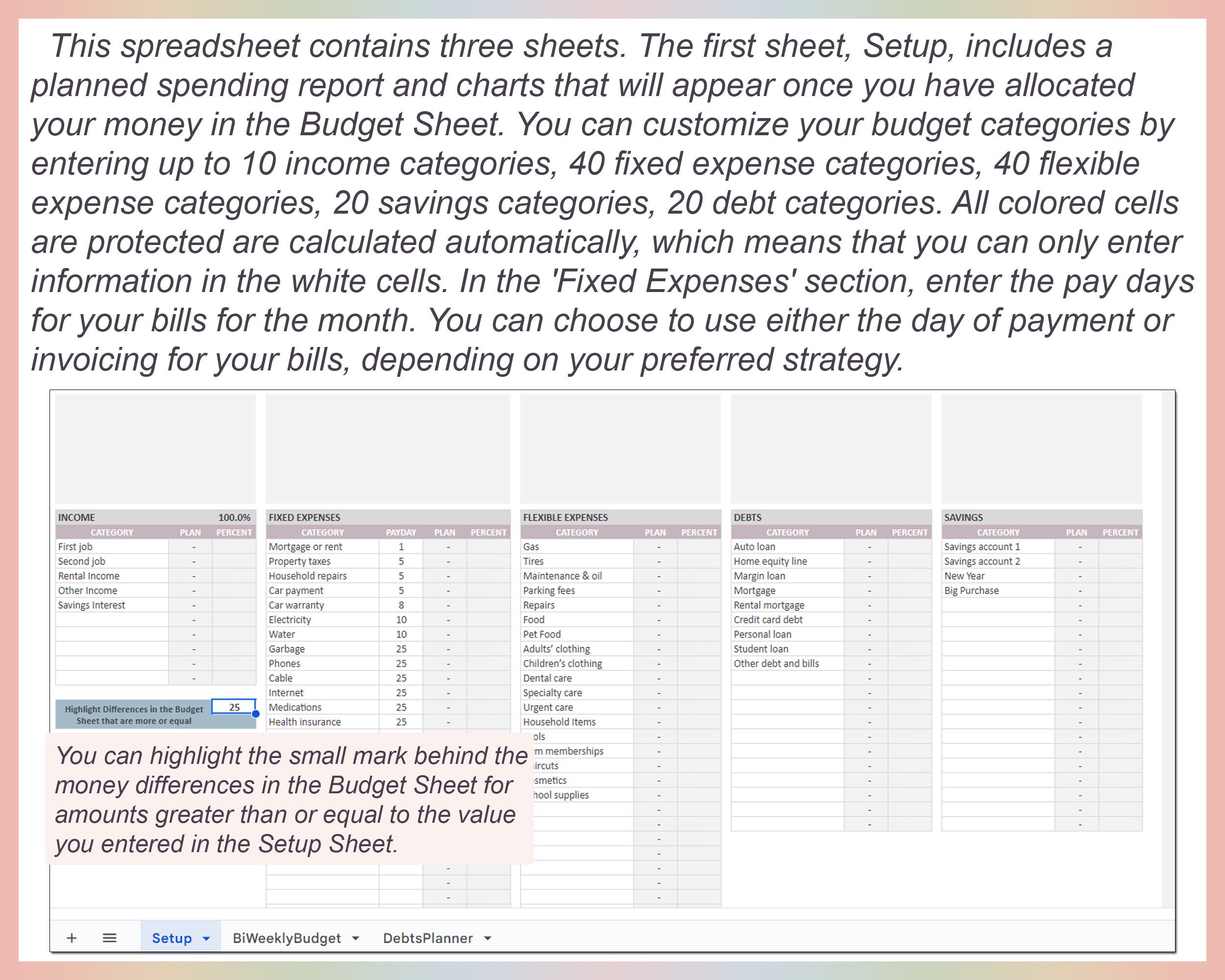 Biweekly Budget Spreadsheet Template Excel Google Sheets Planner Weekly ...