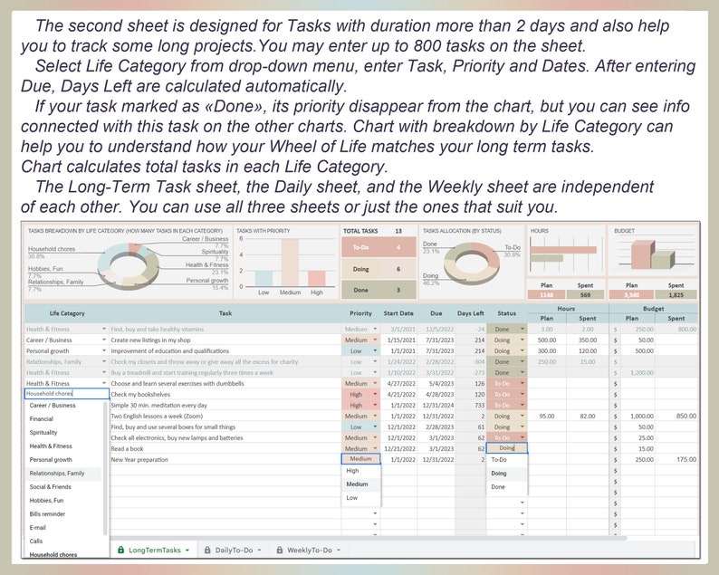 May include: A spreadsheet with a list of tasks categorized by life category, such as career, business, health, and fitness. The spreadsheet includes columns for task, priority, start date, due date, days left, and status. The spreadsheet is designed to help users track their long-term tasks.
