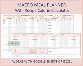 May include: A printable macro meal planner spreadsheet with a calorie calculator. The spreadsheet is divided into sections for the morning, noon, and evening. It also includes a section for dietary supplements. The spreadsheet is designed to be used with Google Sheets or Excel.