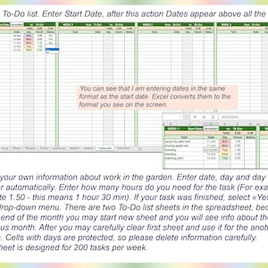 May include: A spreadsheet with a weekly to-do list for gardening tasks. The spreadsheet includes columns for task, date, day, hours, and status. The sheet is designed for 200 tasks per week.