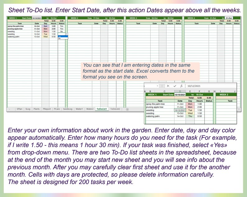 May include: A spreadsheet with a weekly to-do list for gardening tasks. The spreadsheet includes columns for task, date, day, hours, and status. The sheet is designed for 200 tasks per week.