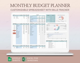 Monthly budget planner, Budget spreadsheet, Budget template, Bill tracker, Money management, Personal budget sheet, Google sheets, Excel