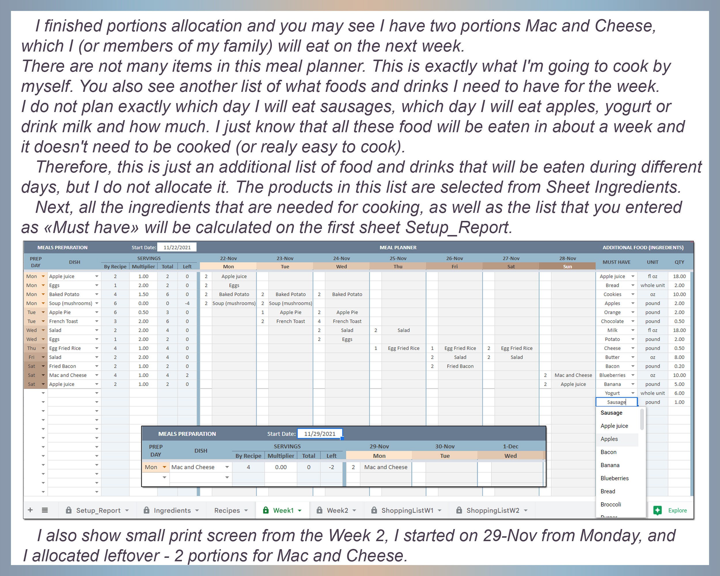 Spreadsheet Excel Menu Meal Planner Spreadsheet Weekly Menu Excel Food Organizer Dinner ...