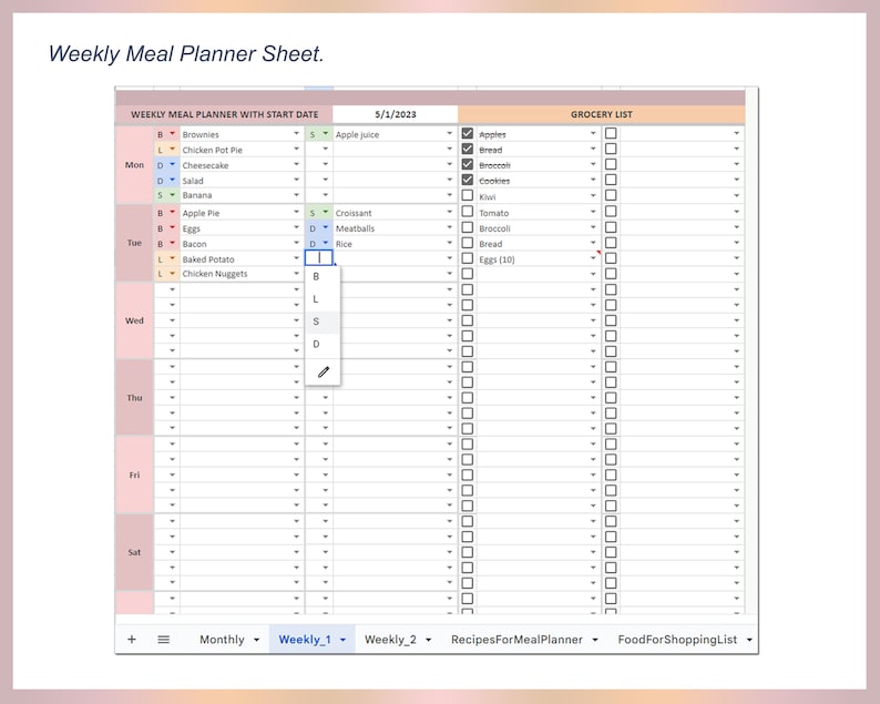 Excel Meal Planner, Grocery List, Simple Meal Planner, Meal Planner