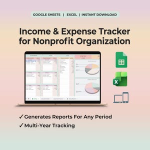 Puede incluir: Un rastreador digital de ingresos y gastos para organizaciones sin fines de lucro, compatible con Google Sheets y Excel. La pantalla muestra tablas financieras y gr&aacute;ficos circulares en un port&aacute;til, junto a iconos de software y dispositivos.