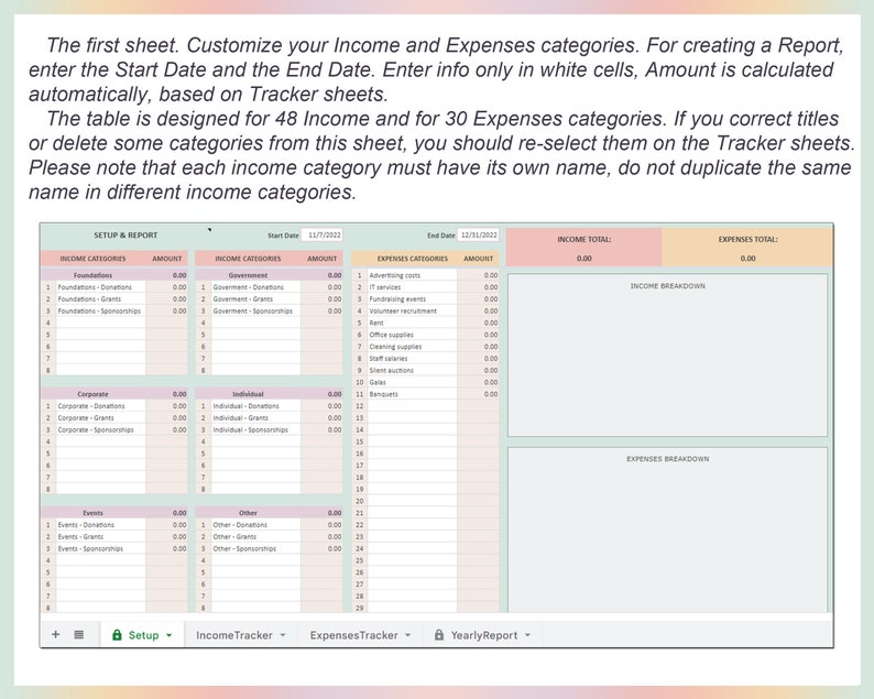 Income and Expense Tracker For Non-Profit Organization, Bookkeeping, Accounting, Spending tracker, Business tracker, Google sheets, Excel image 2