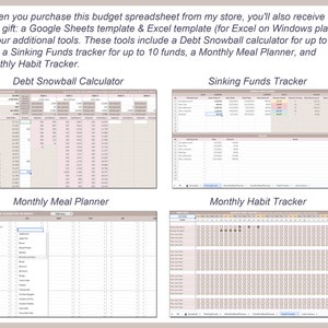 May include: A digital spreadsheet template for budgeting, featuring a debt snowball calculator, sinking funds tracker, monthly meal planner, and monthly habit tracker. The spreadsheet is designed for use with Google Sheets and Excel.