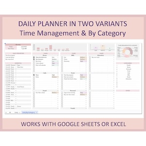 Può includere: Un modello di pianificatore giornaliero stampabile in due varianti: gestione del tempo e per categoria. Il modello è progettato per l'uso con Google Sheets o Excel. Il pianificatore include sezioni per le priorità giornaliere, l'orario, i compiti e le note.