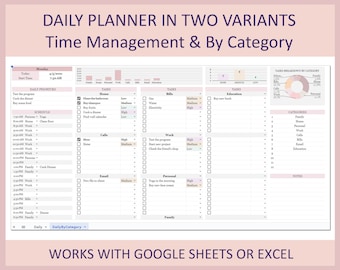 Daily planner sheet, Task management, Personal Tasks planner, Daily to do list, Planner, Template, Digital, Spreadsheet, Excel, Google sheet