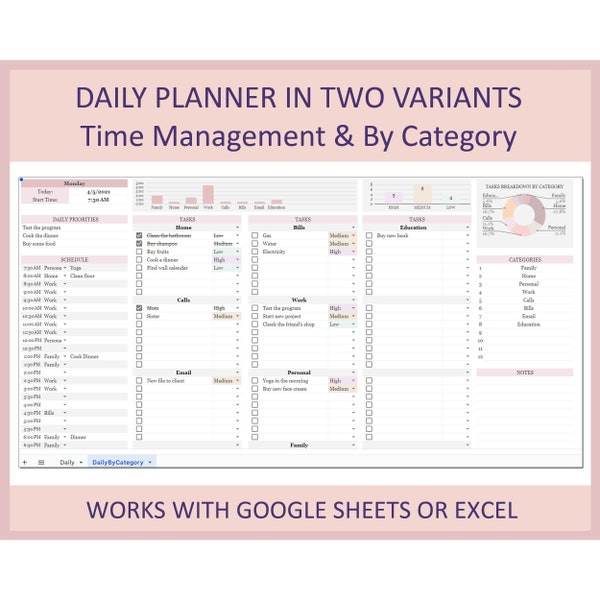 Daily planner sheet, Task management, Personal Tasks planner, Daily to do list, Planner, Template, Digital, Spreadsheet, Excel, Google sheet