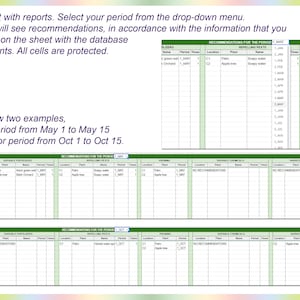 May include: A spreadsheet with a green border shows recommendations for plants based on the time of year. The spreadsheet includes columns for location, plant name, period, times, and suitable fertilizers. The spreadsheet is titled "Recommendations for the Period 1 May".
