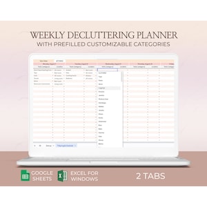 Puede incluir: Una pantalla de computadora portátil que muestra un planificador de limpieza semanal con categorías personalizables precargadas. El planificador está organizado por día de la semana e incluye un menú desplegable para seleccionar tareas y ubicaciones. El planificador se titula "Planificador de limpieza semanal con categorías personalizables precargadas".