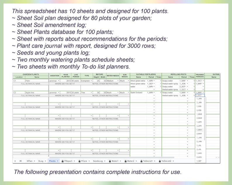 May include: A spreadsheet with a grid of cells containing information about plants. The spreadsheet has columns for location, plant name, variation, year planted, live period, type, mature height, mature width, water needs, sun needs, suitable fertilizers, repelling pests, pruning period, and suitable name. The spreadsheet is designed for 100 plants and has 10 sheets.