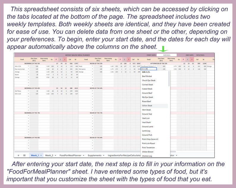 Macro Diet Meal Planner Excel Template Digital Fitness Meal Tracker ...