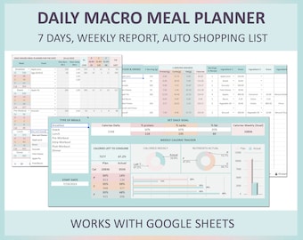 Planificador de comidas con macros, hoja de cálculo, seguimiento de calorías, plantilla para un estilo de vida saludable, planificación de dietas de fitness, hojas de cálculo de Google para la gestión diaria de la nutrición.