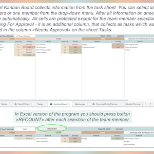 May include: A screenshot of a Kanban board in a spreadsheet program. The board displays task information, including team members, to-do items, and due dates. The text "RECOUNT" is highlighted. The text "Waiting For Approval" is also visible.