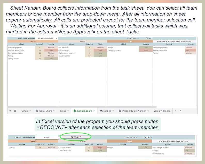 May include: A screenshot of a Kanban board in a spreadsheet program. The board displays task information, including team members, to-do items, and due dates. The text "RECOUNT" is highlighted. The text "Waiting For Approval" is also visible.