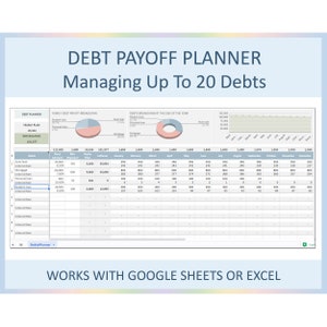 Planificador de hojas de cálculo para el pago de deudas, calculadora de seguimiento de hojas de cálculo de Excel y Google, organizador de pagos de tarjetas de crédito para un sistema de presupuesto para salir de deudas.