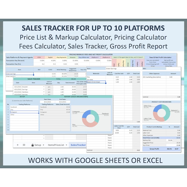 Suivi des ventes, application de suivi des ventes, feuille de calcul de suivi des ventes, modèle de calcul des coûts des produits, suivi des ventes multiplateforme, Excel, feuilles Google