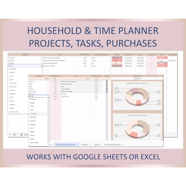Household project planner, Task management, Digital project planner, Home project planner, Renovation planner,Spreadhseet,Google sheet,Excel