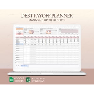 Planificador de pago de deudas, hoja de cálculo de Excel, calculadora de Google Sheets, rastreador de deudas, organizador de pago de tarjetas de crédito para planificar la salida de deudas.