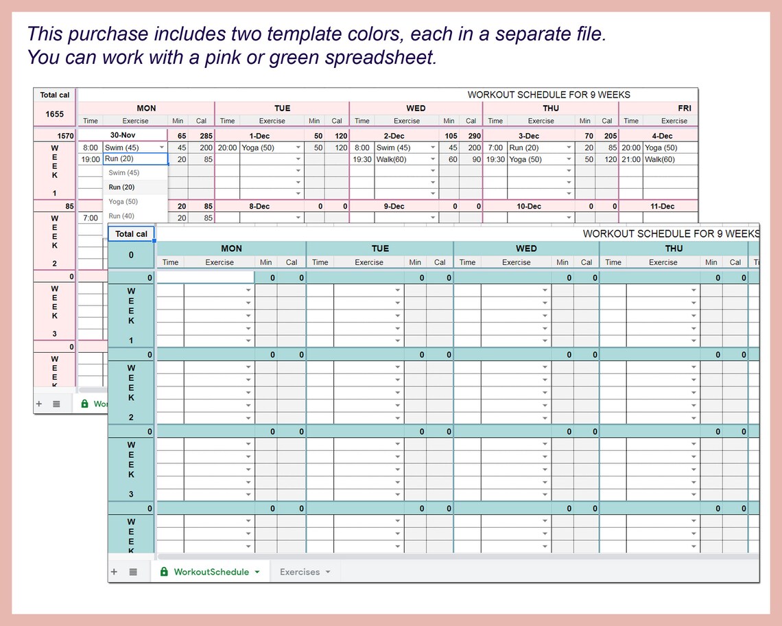 Digital workout planner Workout schedule excel Workout Etsy