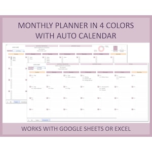 May include: A printable monthly planner template in four colors with an auto calendar feature. The template is designed to be used with Google Sheets or Excel. The planner includes sections for monthly priorities, goals, and notes.