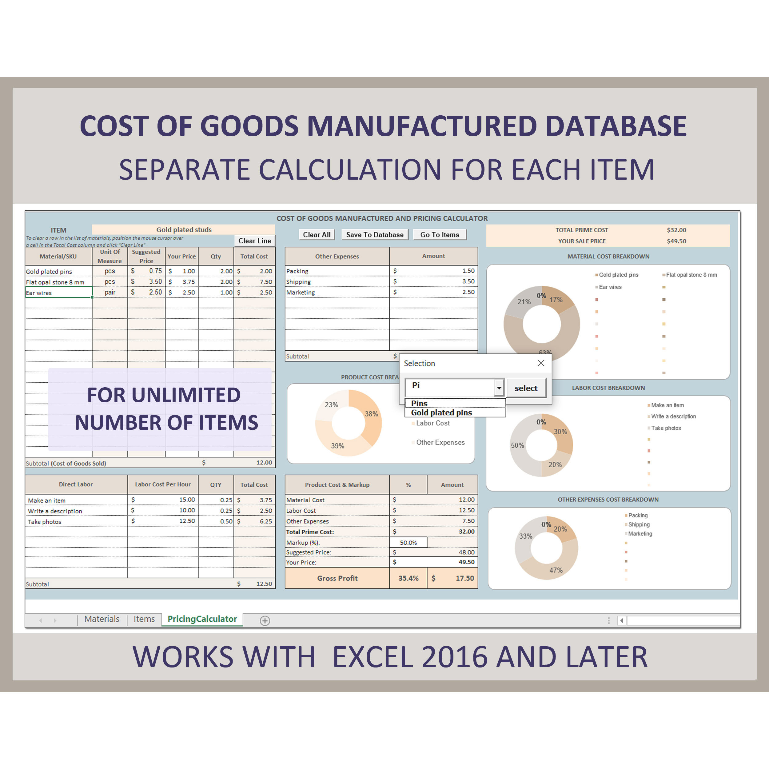 Product cost calculator, Product Database, Cost of Goods Sold, Pricing calculator, Costing template, Price calculator, Product cost Excel