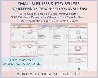 Small Business Bookkeeping Spreadsheet US Sellers Tool Accounting Inventory Expenses Sales Tracker Profit Loss Pricing Google Sheets Excel