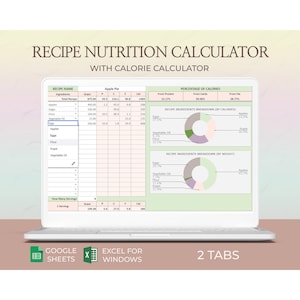Recept Calorieëncalculator Google Spreadsheets Voedingsteller Meal Calorie Tracker Receptanalysator Digitale voedselplanningsjabloon voor koken