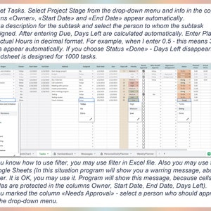 May include: Screenshot of a spreadsheet with project management data. The interface includes drop-down menus for task selection and assignment. Text explains how to use filters and the spreadsheet's features, designed for 1000 tasks.
