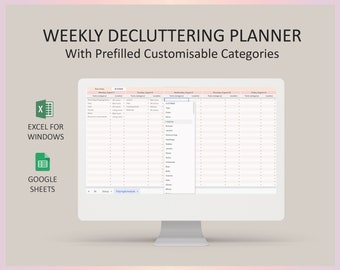 Decluttering planner, Tidying schedule, Weekly Cleaning schedule, Tidying Checklist, Chore list, Template, Excel, Google sheets, Editable