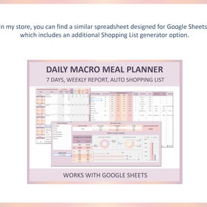 Puede incluir: Una hoja de c&aacute;lculo digital para Google Sheets titulada "Daily Macro Meal Planner" con un esquema de color rosa y blanco. La hoja de c&aacute;lculo incluye secciones para 7 d&iacute;as, un informe semanal y una lista de compras autom&aacute;tica. La hoja de c&aacute;lculo tambi&eacute;n incluye gr&aacute;ficos y diagramas para realizar un seguimiento de las calor&iacute;as, las macros y el peso.