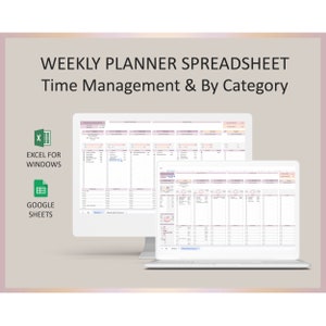 Może przedstawiać: Ekran komputera wyświetlający arkusz kalkulacyjny planera tygodniowego w formacie Excel i Google Sheets. Arkusz kalkulacyjny został zaprojektowany do zarządzania czasem i zawiera sekcję do kategoryzowania zadań. Tekst "WEEKLY PLANNER SPREADSHEET Time Management & By Category" jest wyświetlany u góry ekranu.