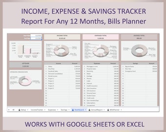 Income, Expense, Savings Tracker; Spending tracker, Business expense tracker, Finance tracker,Money tracking,Spreadsheet,Google sheets,Excel