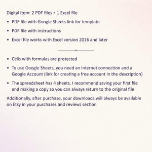 Puede incluir: Un art&iacute;culo digital que contiene dos archivos PDF y un archivo Excel. El texto detalla requisitos como un enlace a Google Sheets, instrucciones, compatibilidad con Excel 2016, celdas con f&oacute;rmulas protegidas y una estructura de cuatro hojas.